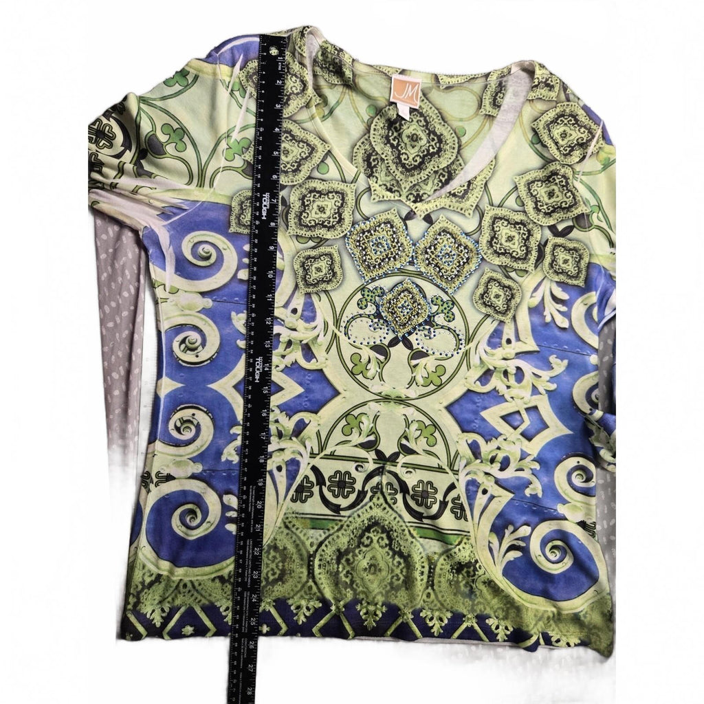 JM Collection Women's Large Paisley Print Knit Top with 3/4 Sleeves in Green