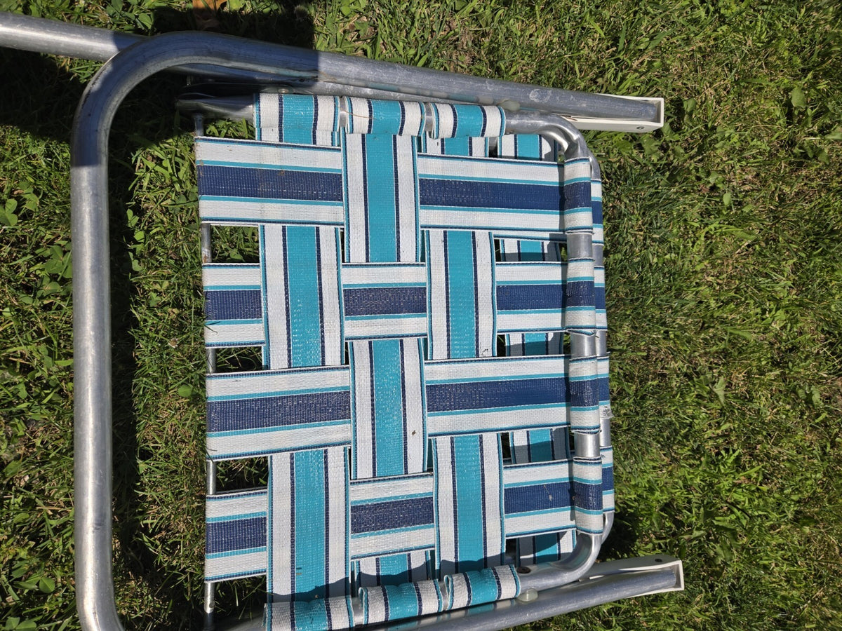 Sunbeam Chair Vintage Aluminum Folding Beach Lawn Patio blue and  white webbed