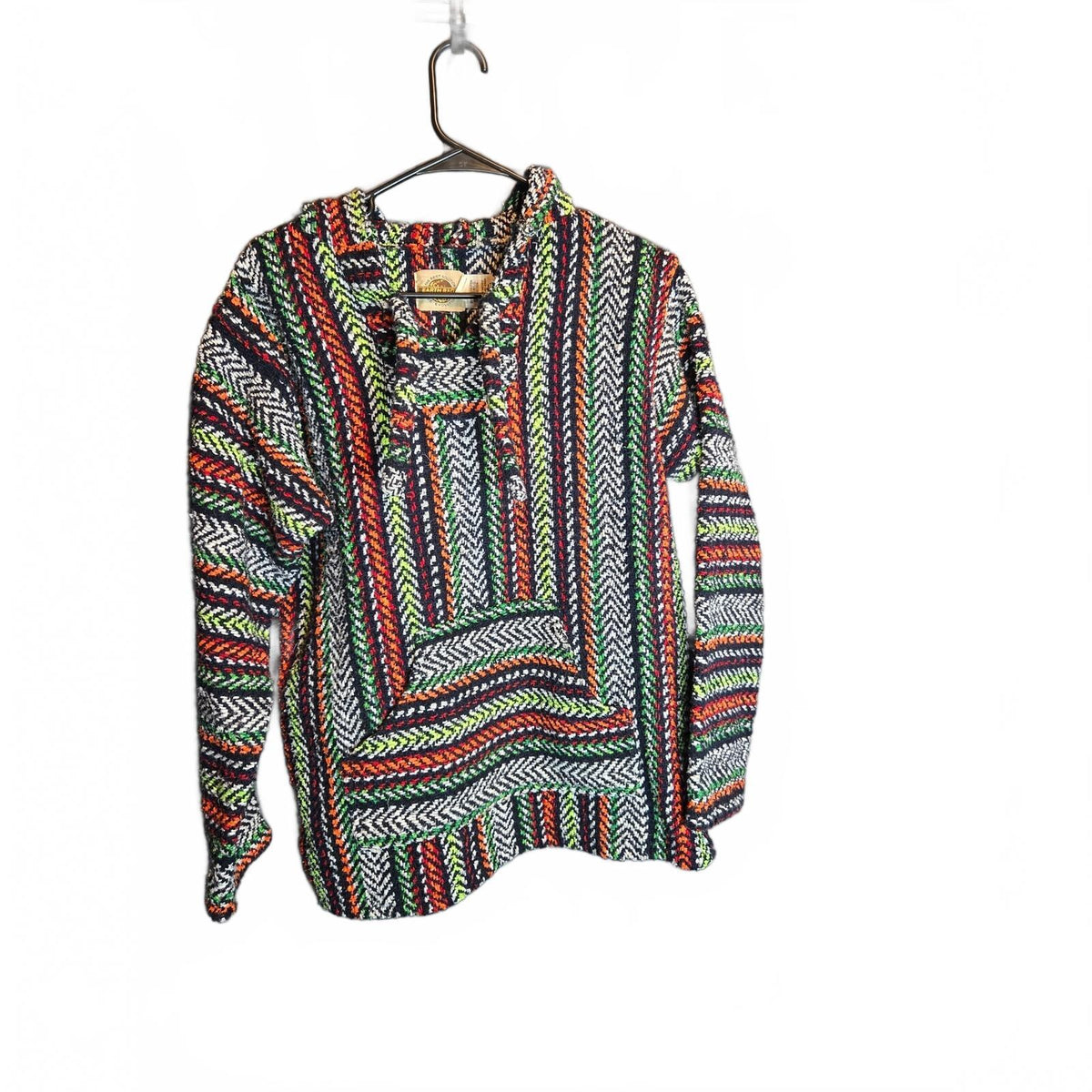 Vintage Earth Ragz Hoodie Size Medium Multicolor Cheveron Striped Woven Drug Rug