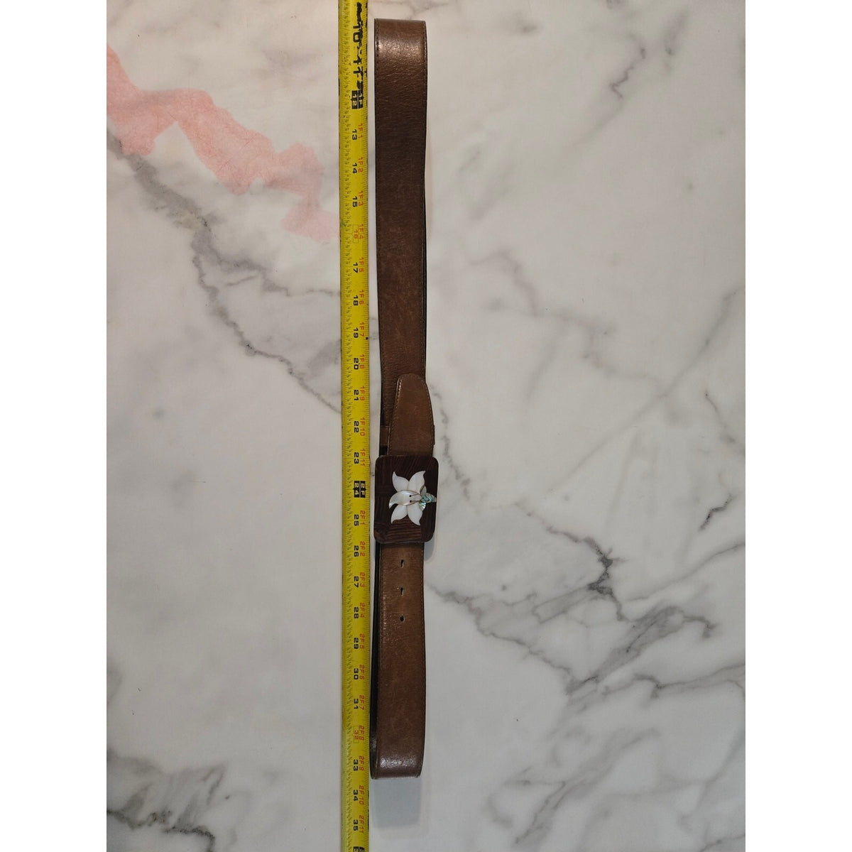 Vintage Brown Leather Belt Carved Wood Lily Flower Buckle 34 Inch