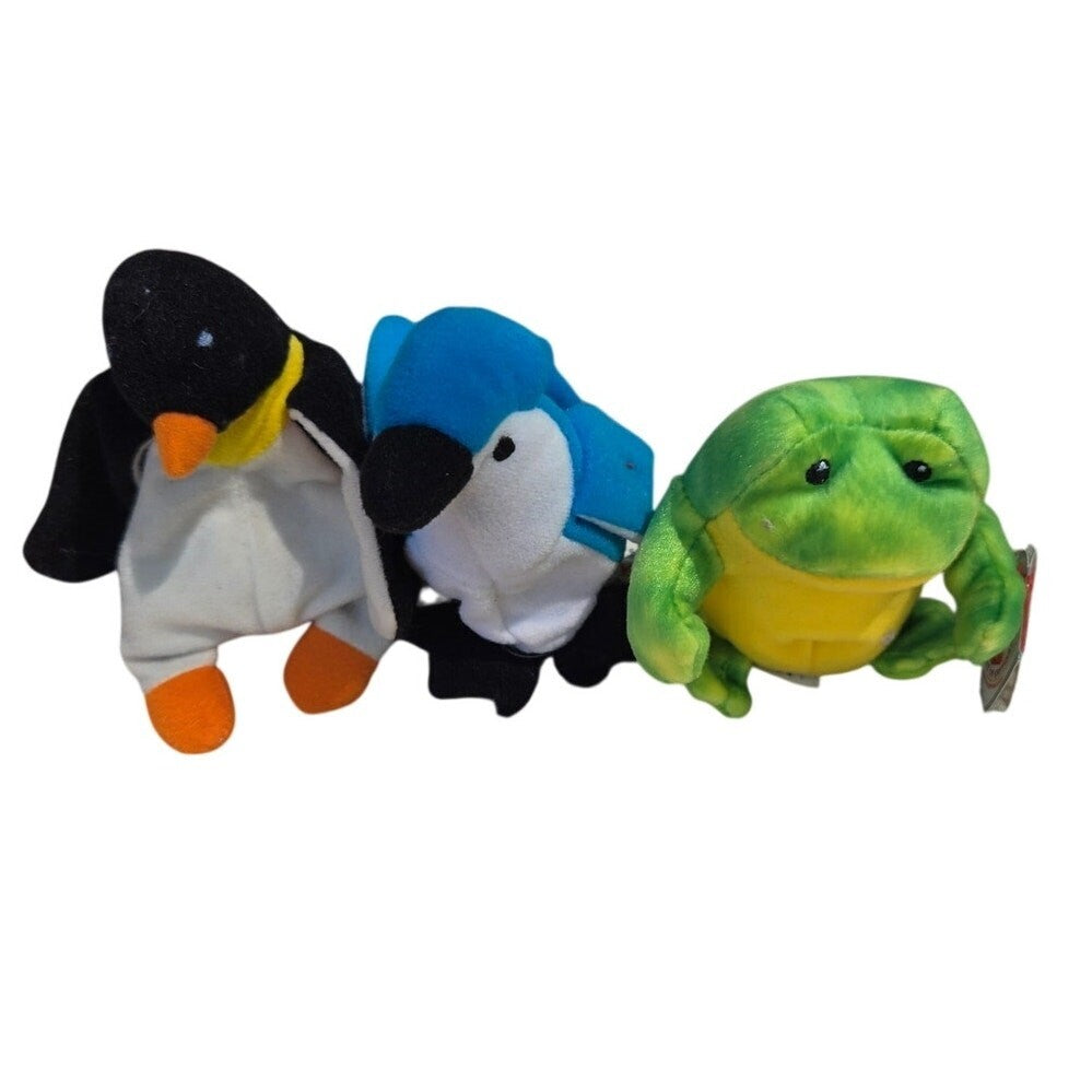 Lot of 3 Vintage Ty Beanie Babies Waddle Penguin Rocket Blue Jay Smoochy Frog