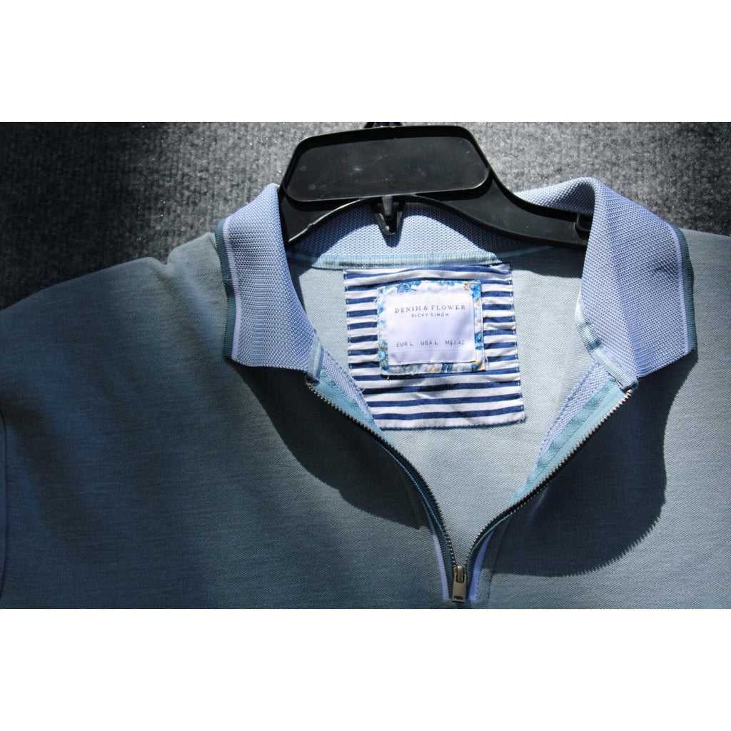 Denim & Flower by Ricky Singh Men's Slate Blue Short Sleeve Quarter-Zip Polo lrg