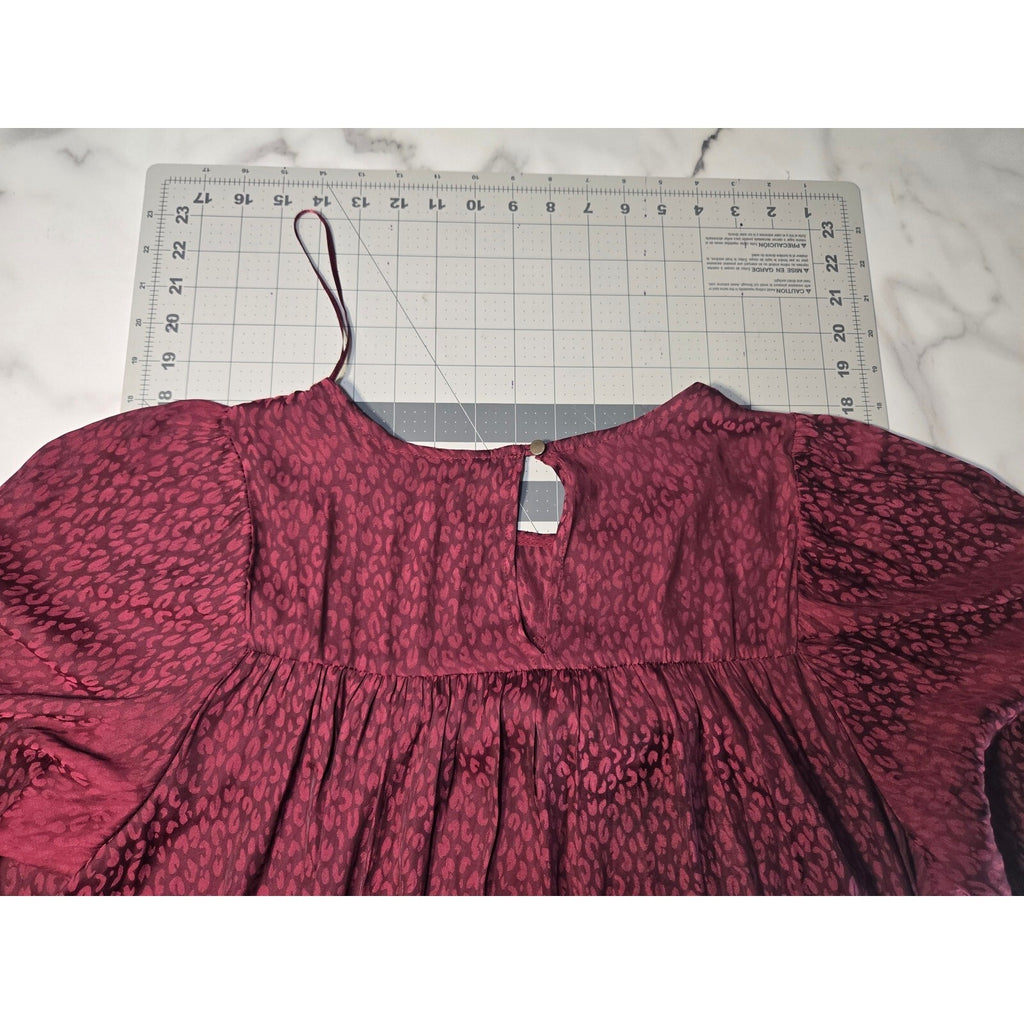 Ophelia Roe Medium Burgundy Babydoll Blouse with Leopard Print