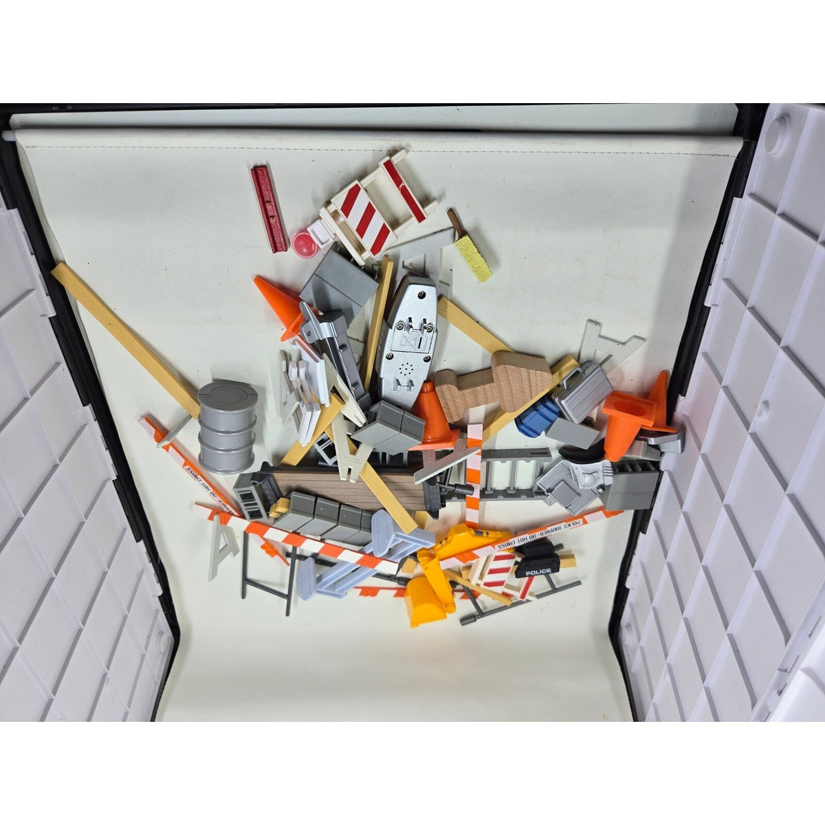 Lot of Toy Construction Accessories with Police Barriers, Traffic Cones,