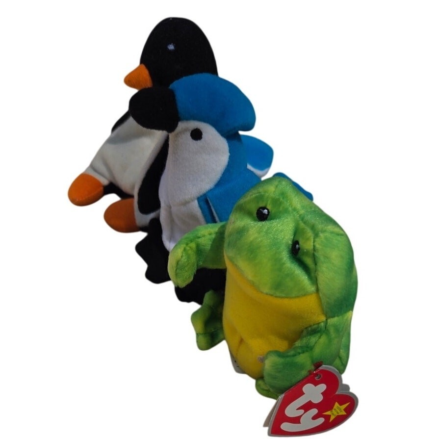 Lot of 3 Vintage Ty Beanie Babies Waddle Penguin Rocket Blue Jay Smoochy Frog