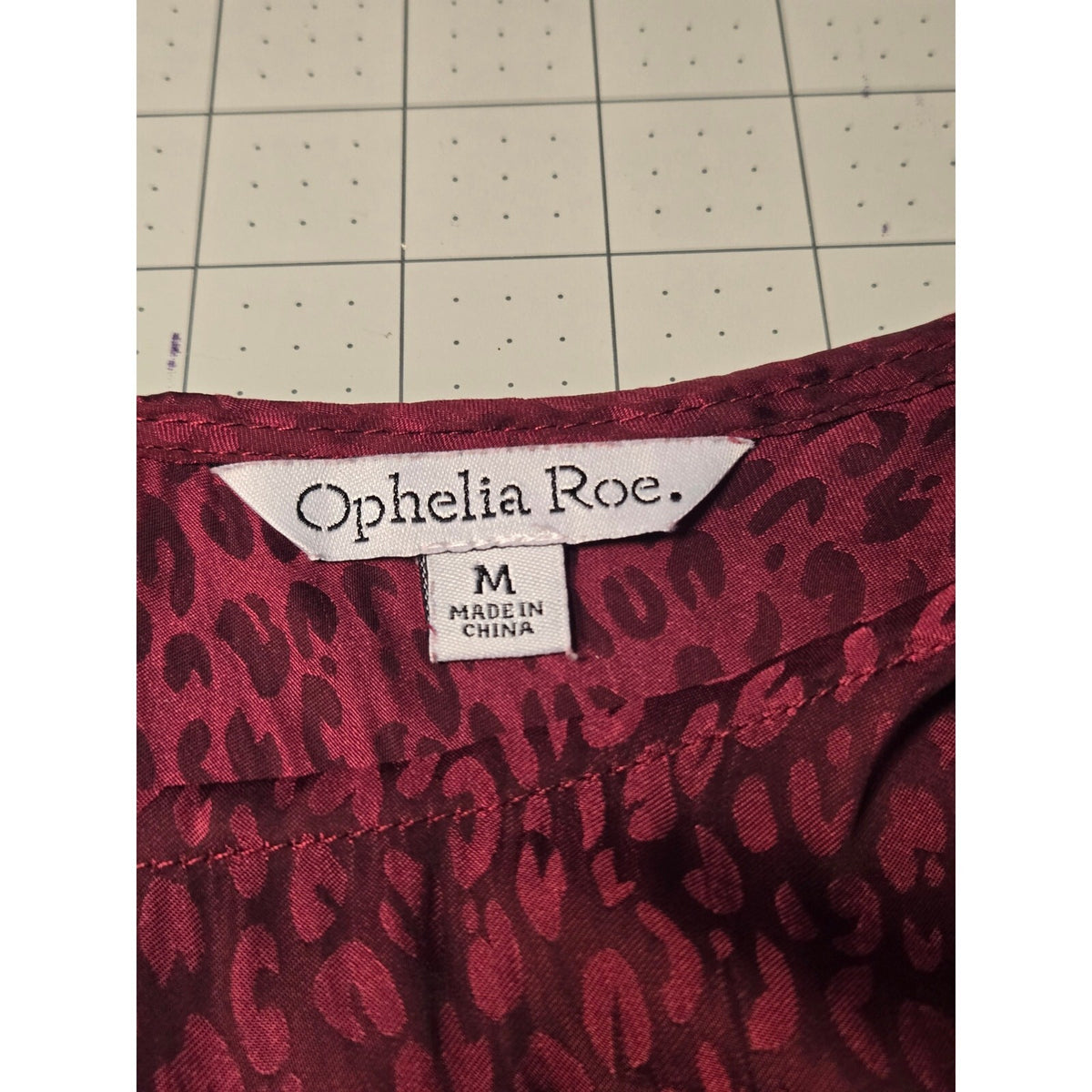 Ophelia Roe Medium Burgundy Babydoll Blouse with Leopard Print