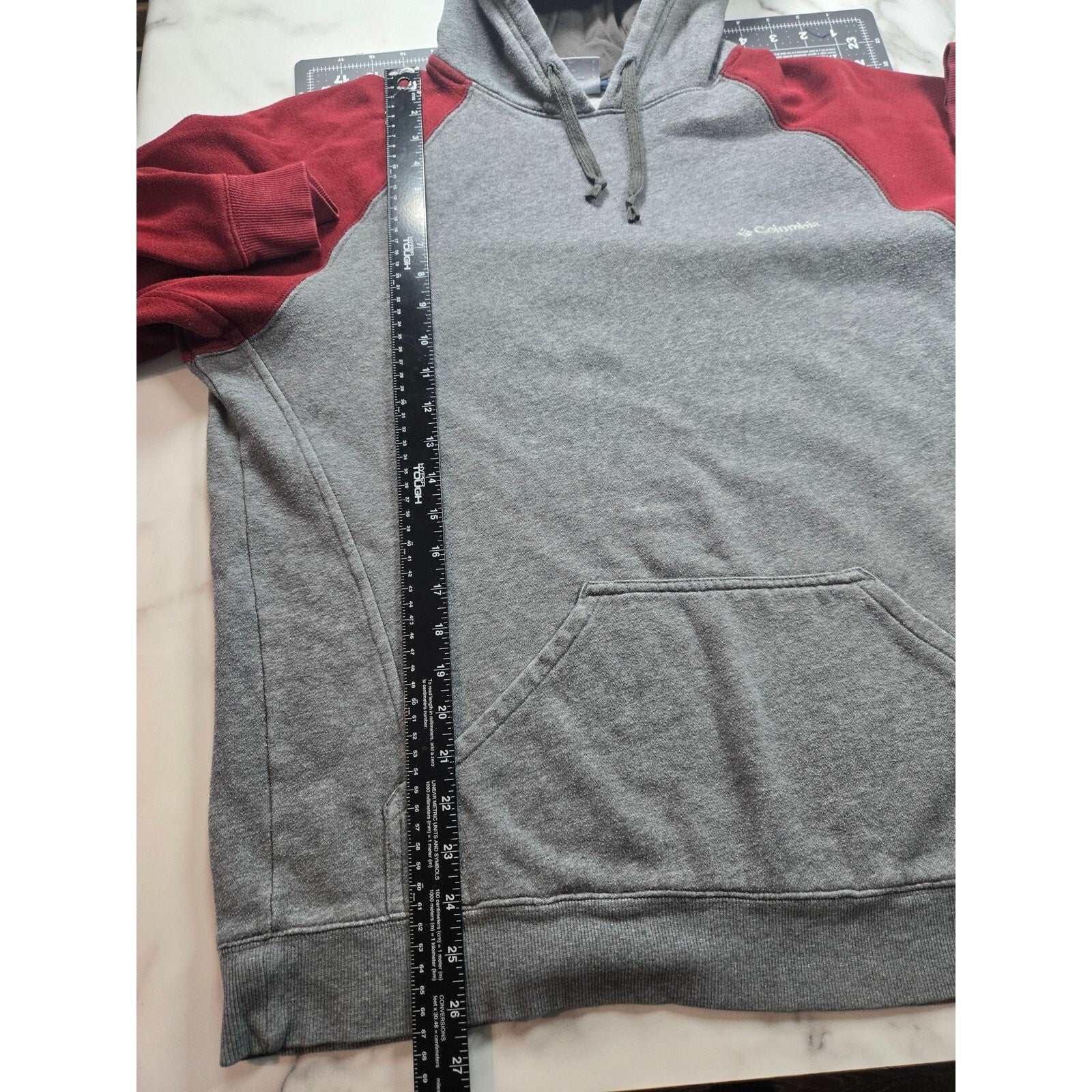 Columbia Men Hoodie Size Large Gray Maroon Pullover Raglan Fleece Sweatshirt