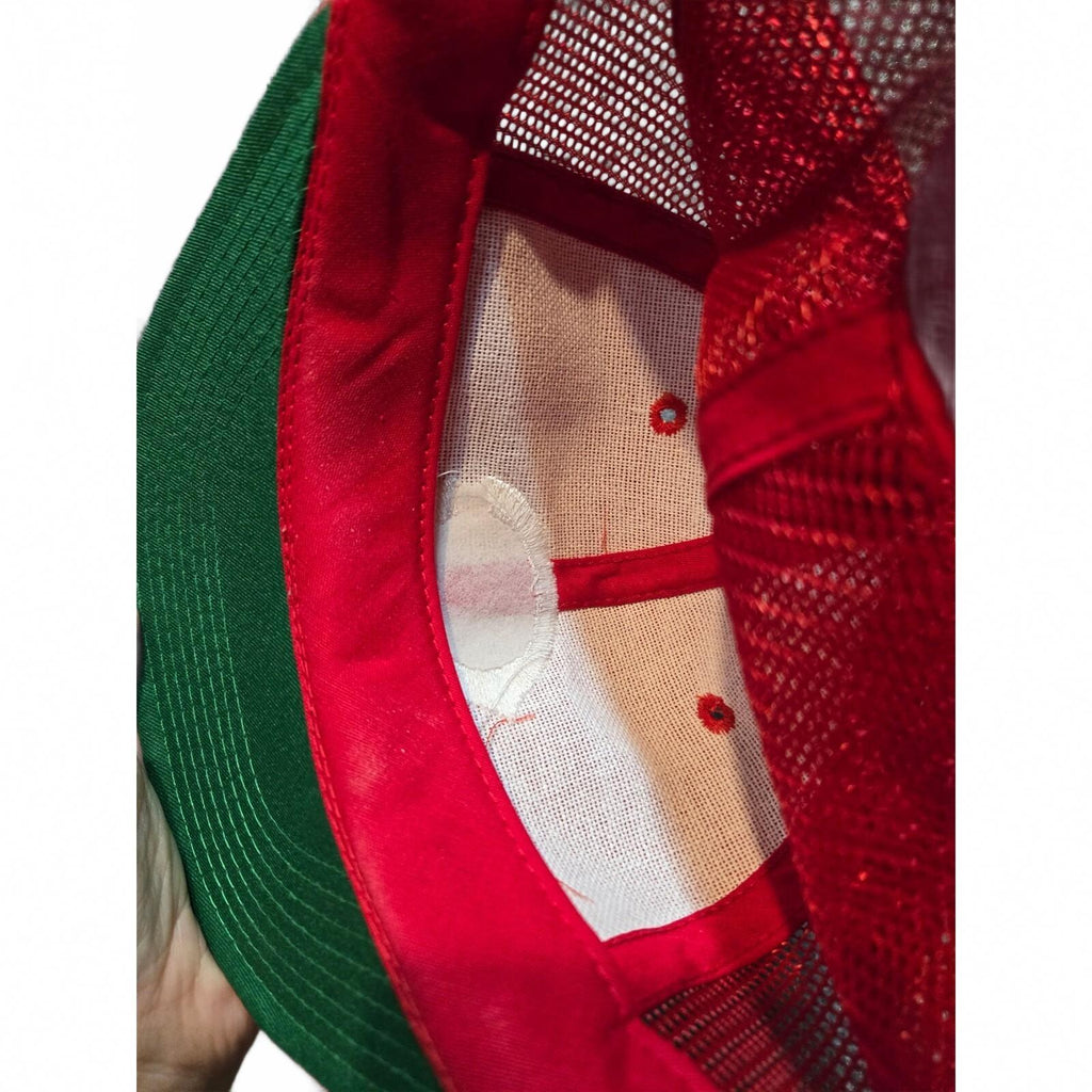 Vintage Red Mesh Snapback Hat with Green Brim