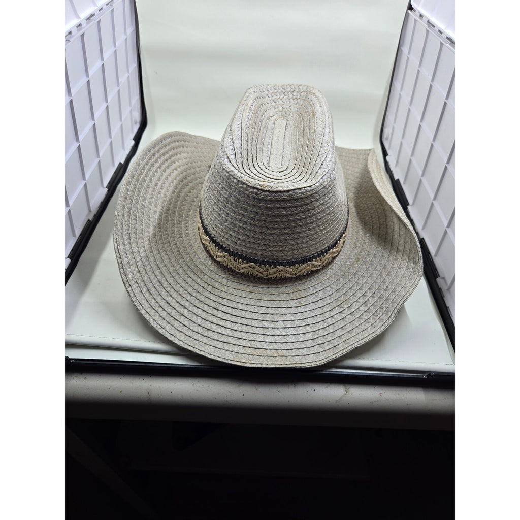 Vintage Western Straw Panama Fedora Hat Gray Woven Center Dent Side Feather