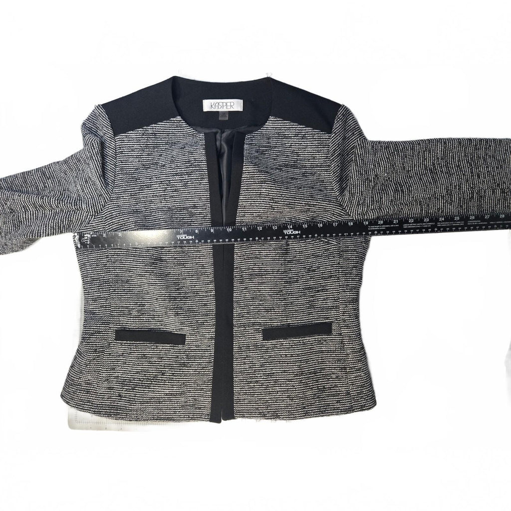 Kasper Womens ToP Black and White Tweed Open Front Collarless Blazer Yoke Combo