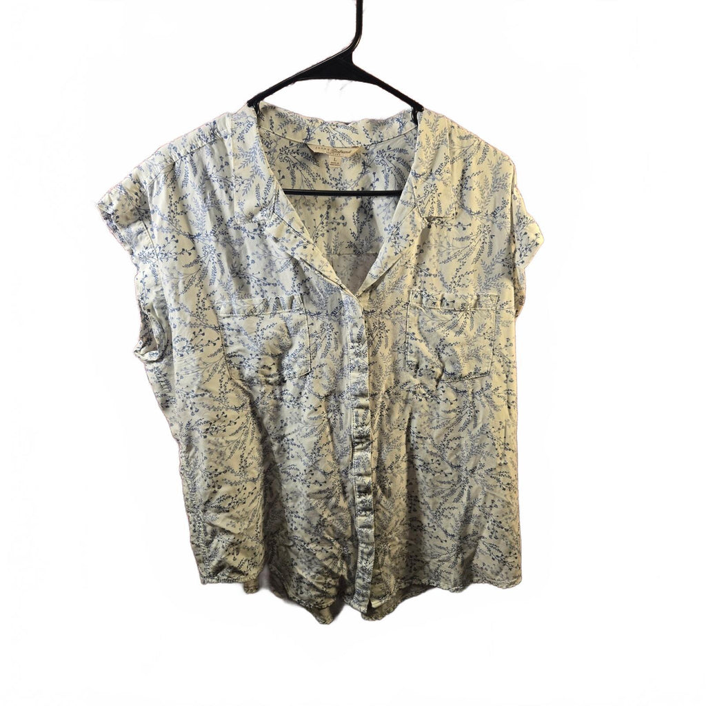 Jachs Girlfriend Womens LArge Blouse Blue Floral Botanical Button Up Shirt