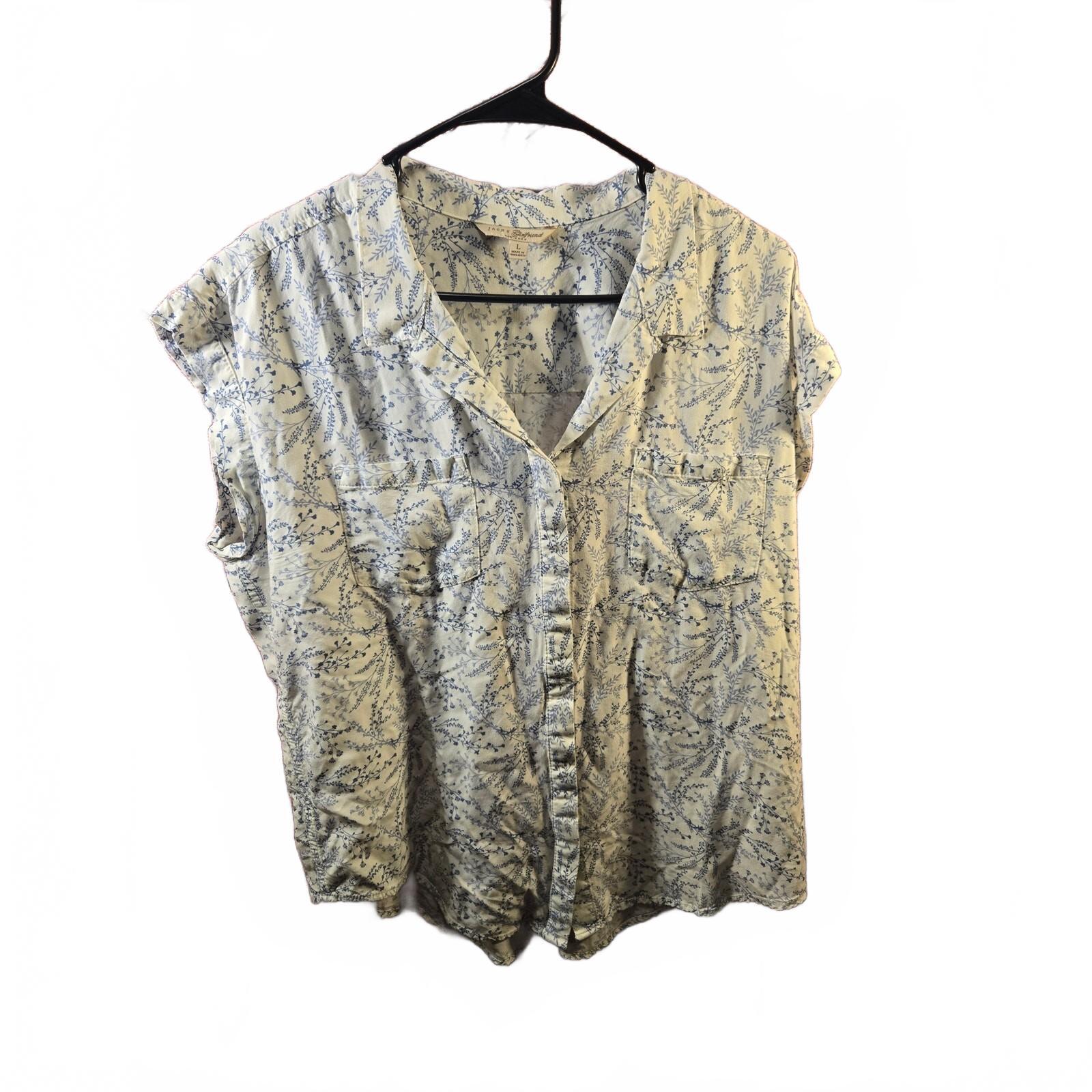 Jachs Girlfriend Womens LArge Blouse Blue Floral Botanical Button Up Shirt