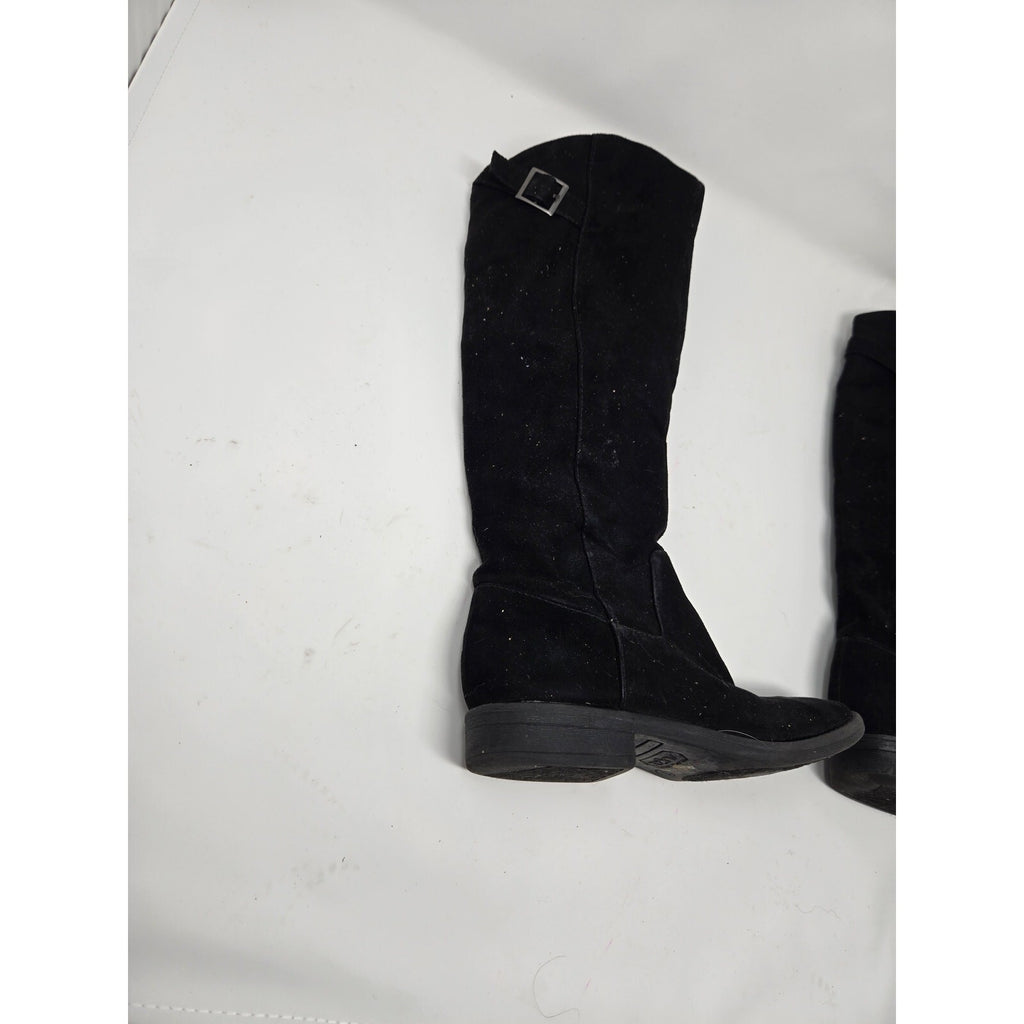 Eva & Zoe Krumpet Black Faux Suede Knee High Boots Leopard Print Lining Buckle 1
