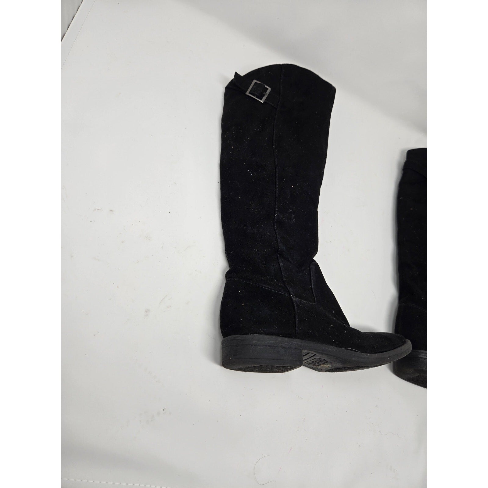 Eva & Zoe Krumpet Black Faux Suede Knee High Boots Leopard Print Lining Buckle 1