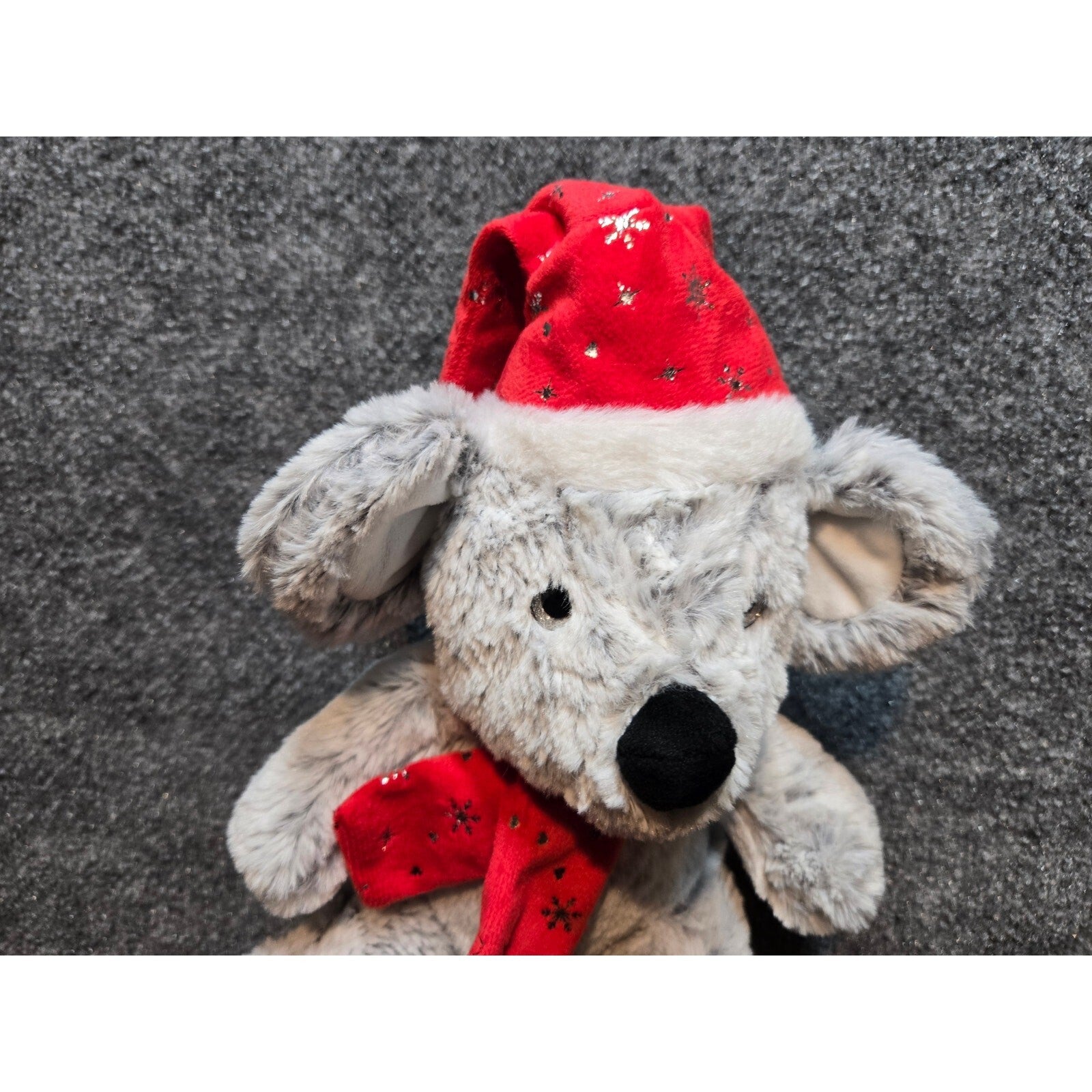 Vintage Gray Christmas Mouse Plush Stuffed Animal Red Santa Hat & Scarf Holiday