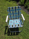 Sunbeam Chair Vintage Aluminum Folding Beach Lawn Patio blue and  white webbed