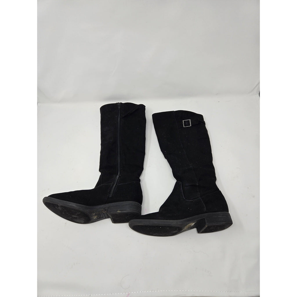 Eva & Zoe Krumpet Black Faux Suede Knee High Boots Leopard Print Lining Buckle 1