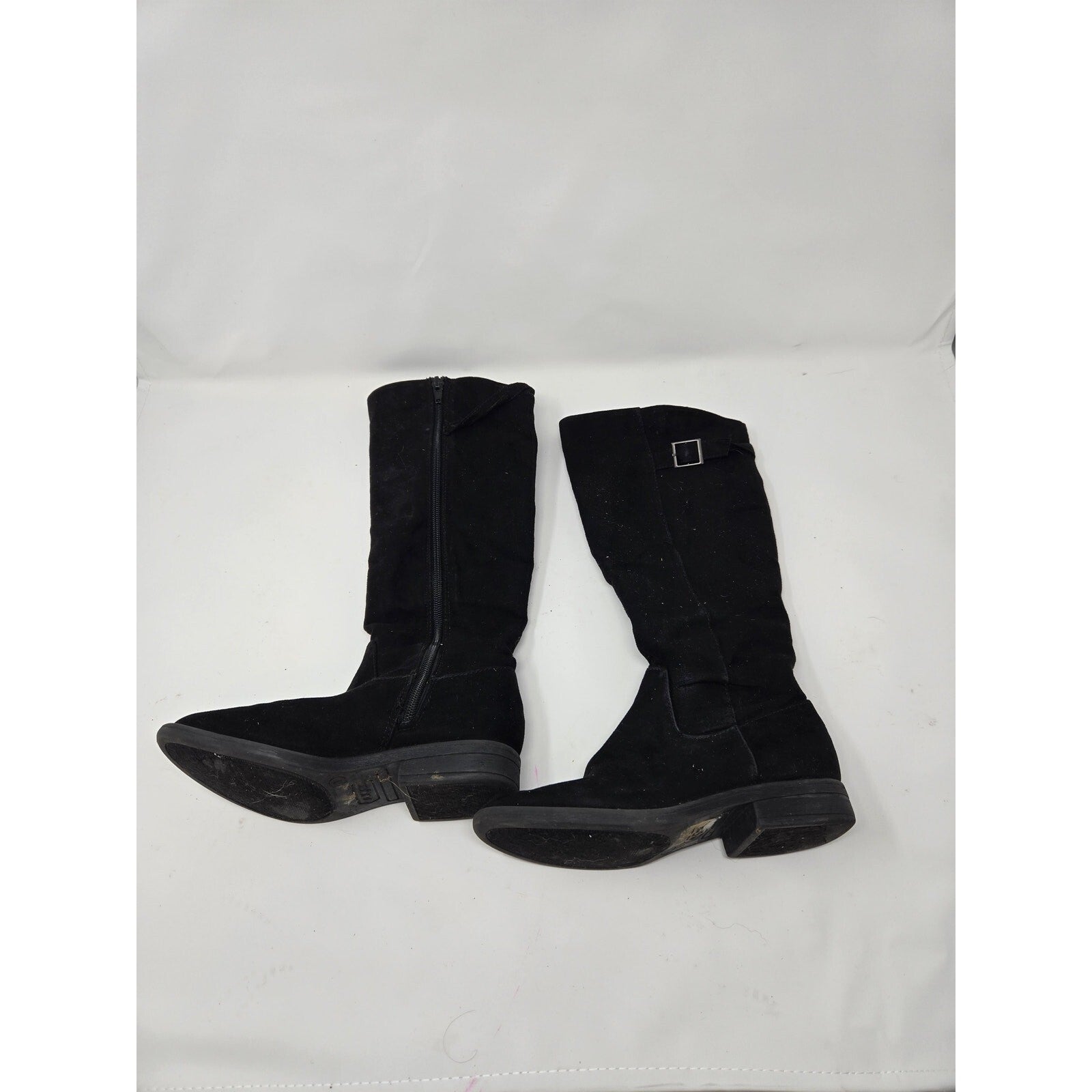 Eva & Zoe Krumpet Black Faux Suede Knee High Boots Leopard Print Lining Buckle 1