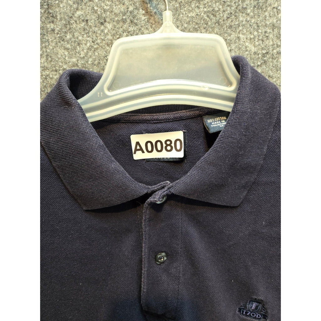 Izod Mens L Navy Blue Short Sleeve Polo Embroidered Crest Logo 2-Button
