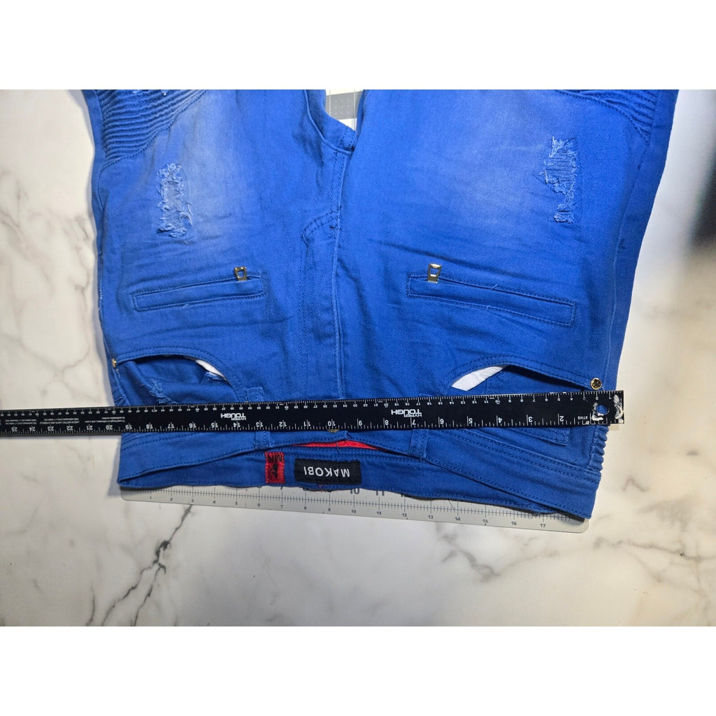 Makobi Biker Denim Royal Blue Heavily Distressed Mens Jeans Size 36 Blue