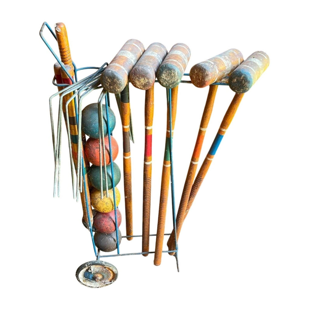 Vintage Mid-Century 6-Player Wooden Croquet Set with Rolling Metal Wire Caddy