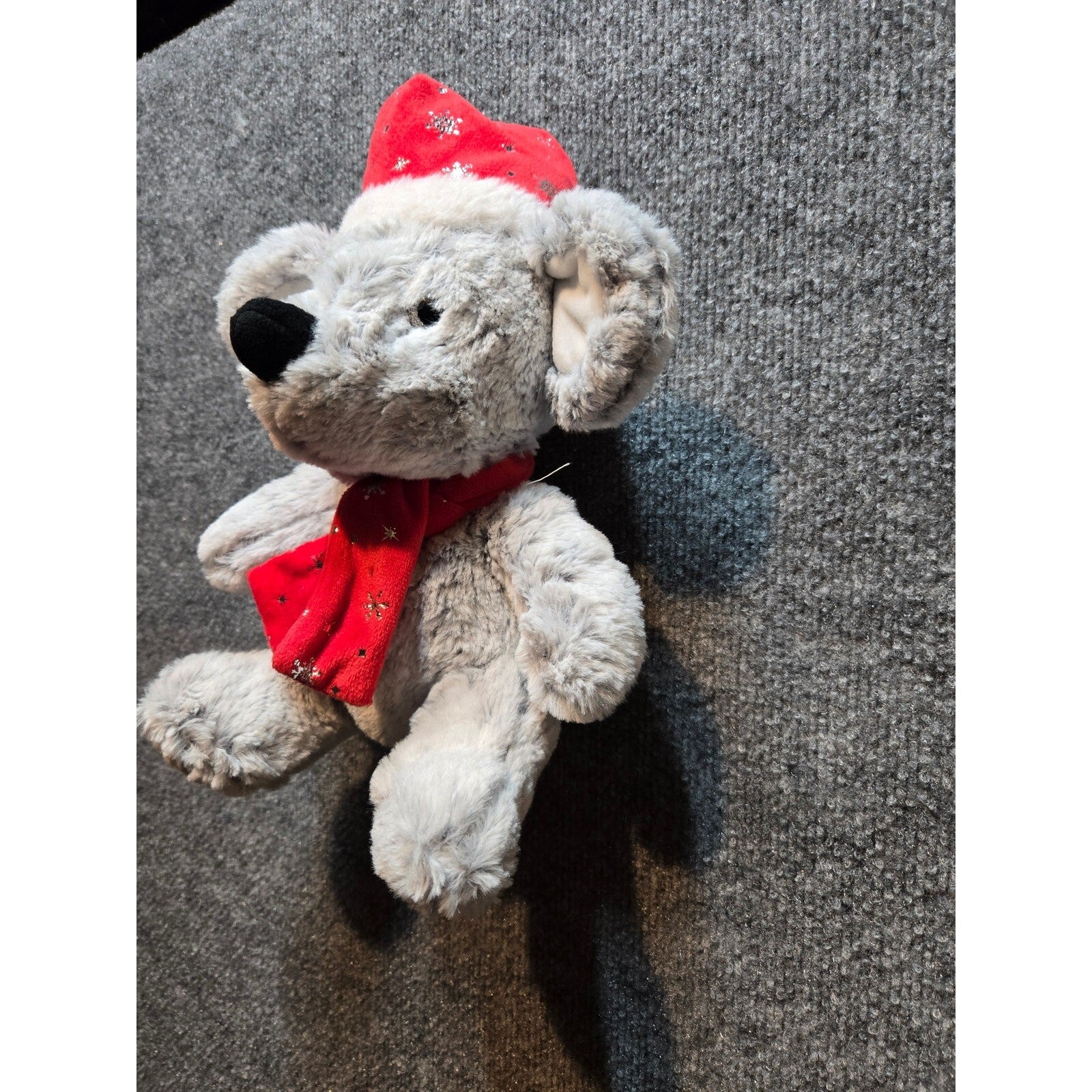 Vintage Gray Christmas Mouse Plush Stuffed Animal Red Santa Hat & Scarf Holiday