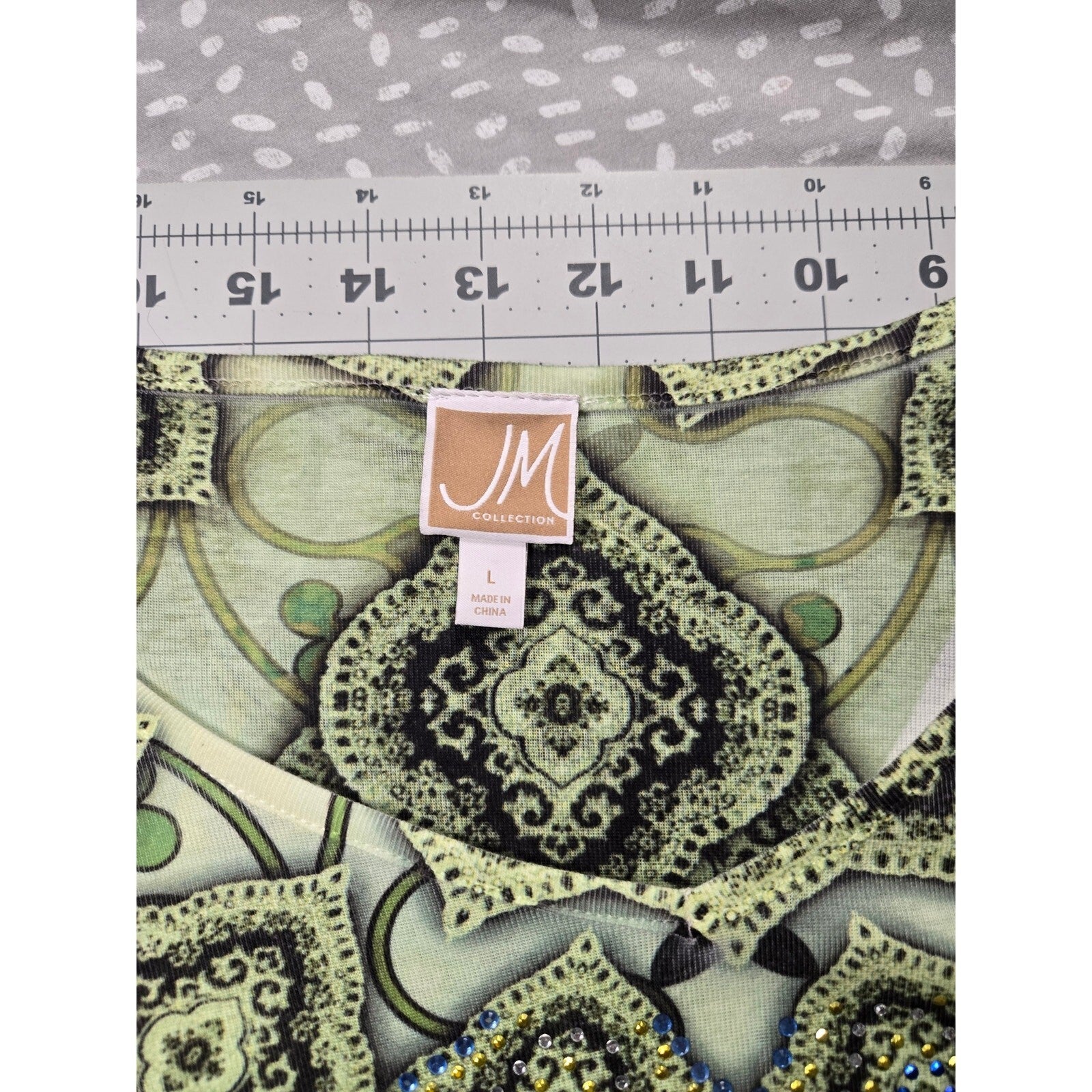 JM Collection Women's Large Paisley Print Knit Top with 3/4 Sleeves in Green