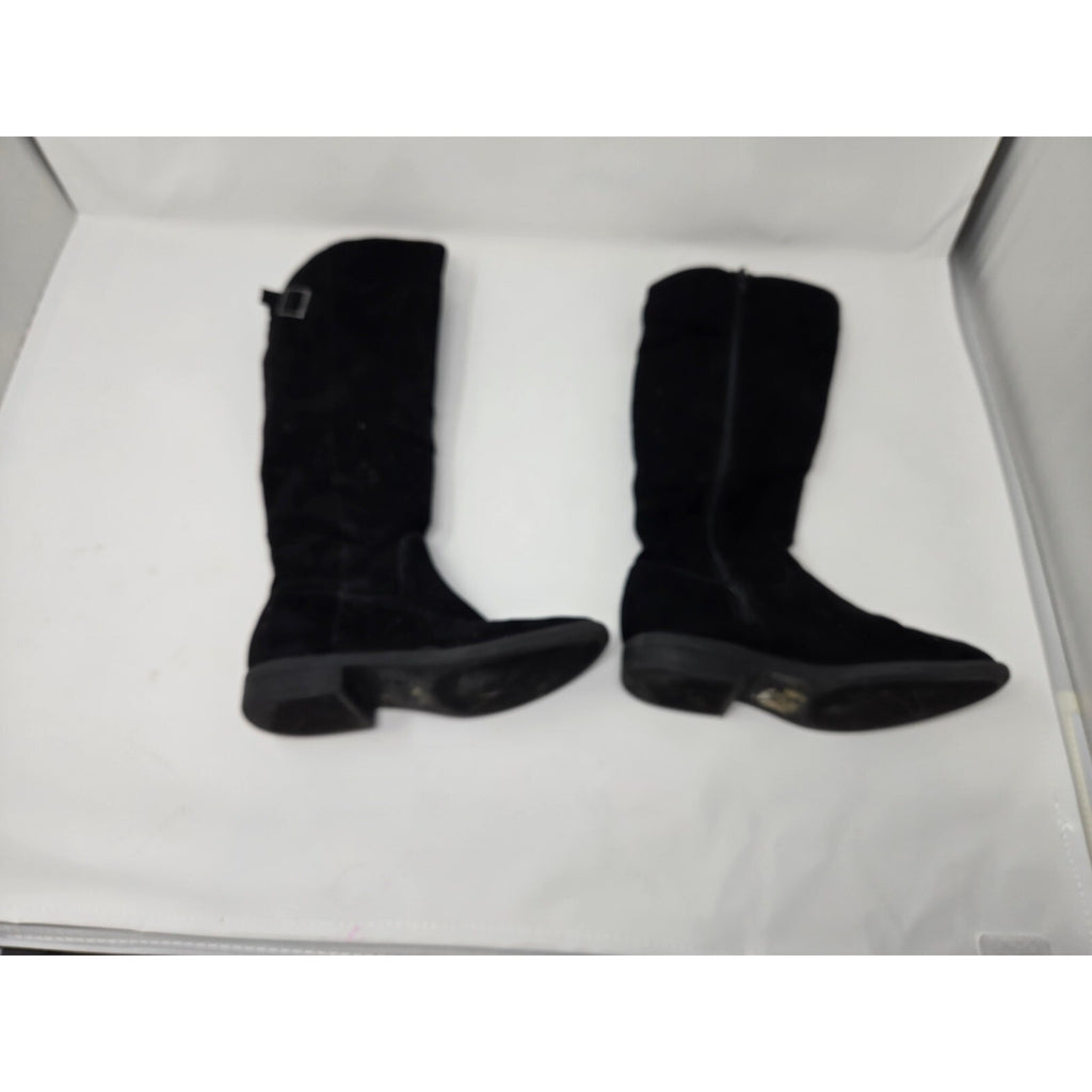 Eva & Zoe Krumpet Black Faux Suede Knee High Boots Leopard Print Lining Buckle 1