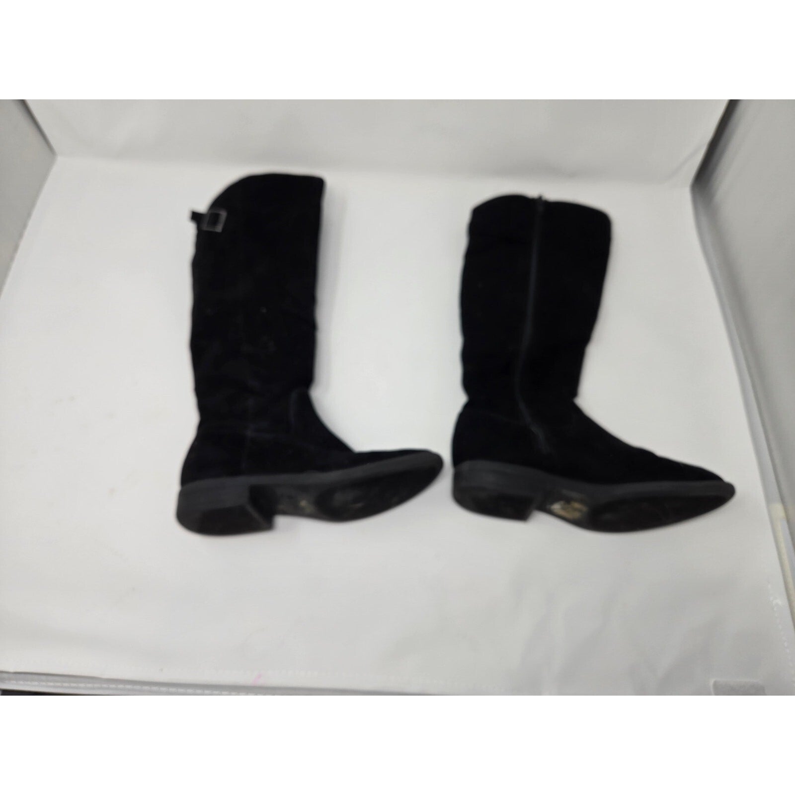 Eva & Zoe Krumpet Black Faux Suede Knee High Boots Leopard Print Lining Buckle 1