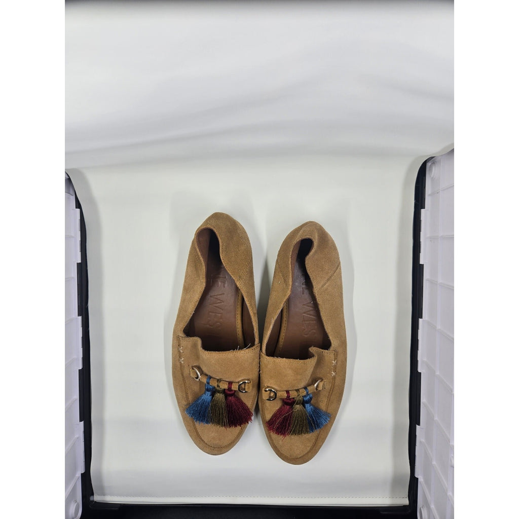 Nine West Suede Tassel Loafers- Tan/ Camel Flat Shoes With Multi-Color Tass S 7M