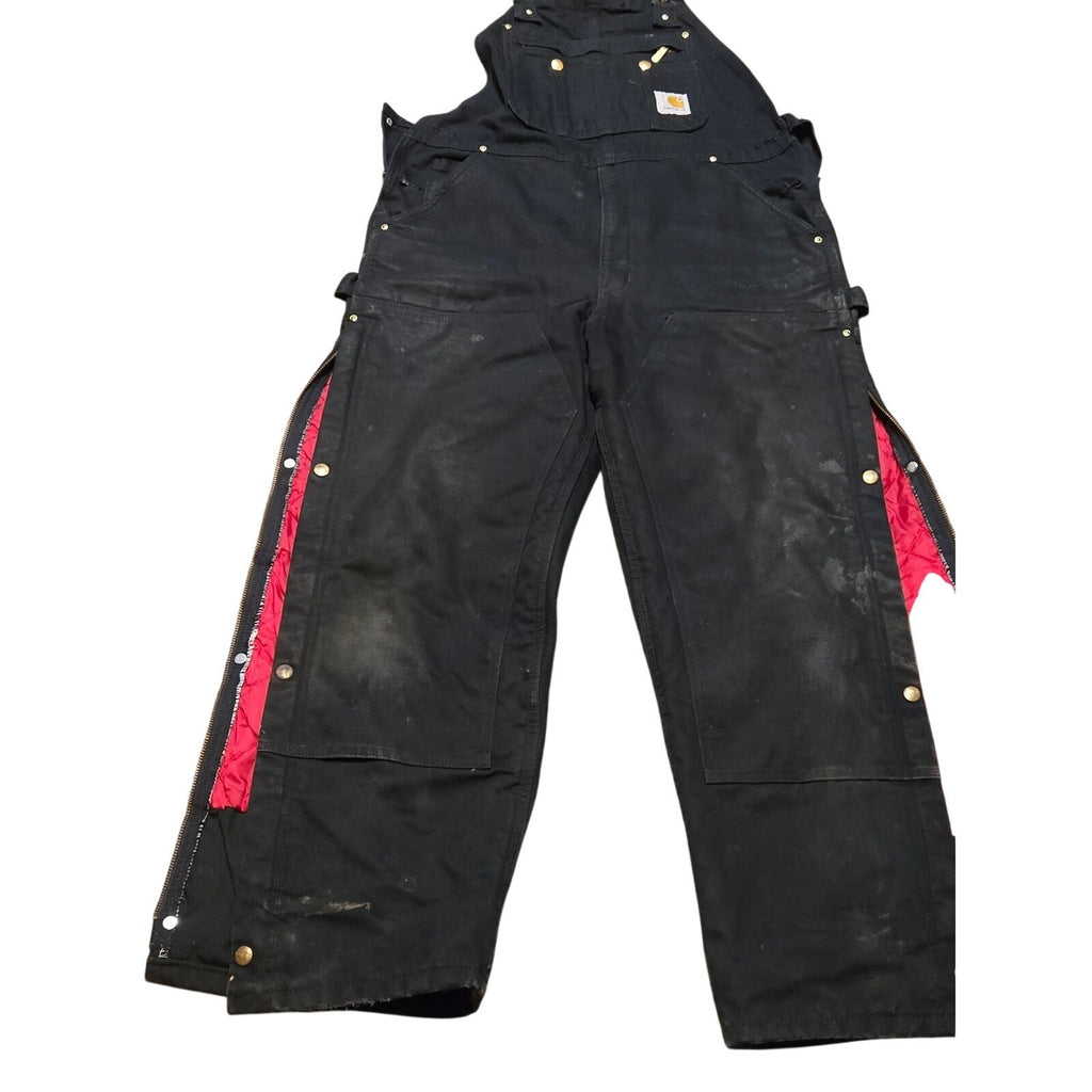 Vintage Carhartt R38 Arctic Quilt Lined Double Knee Black Bib Overalls, Size 36x30