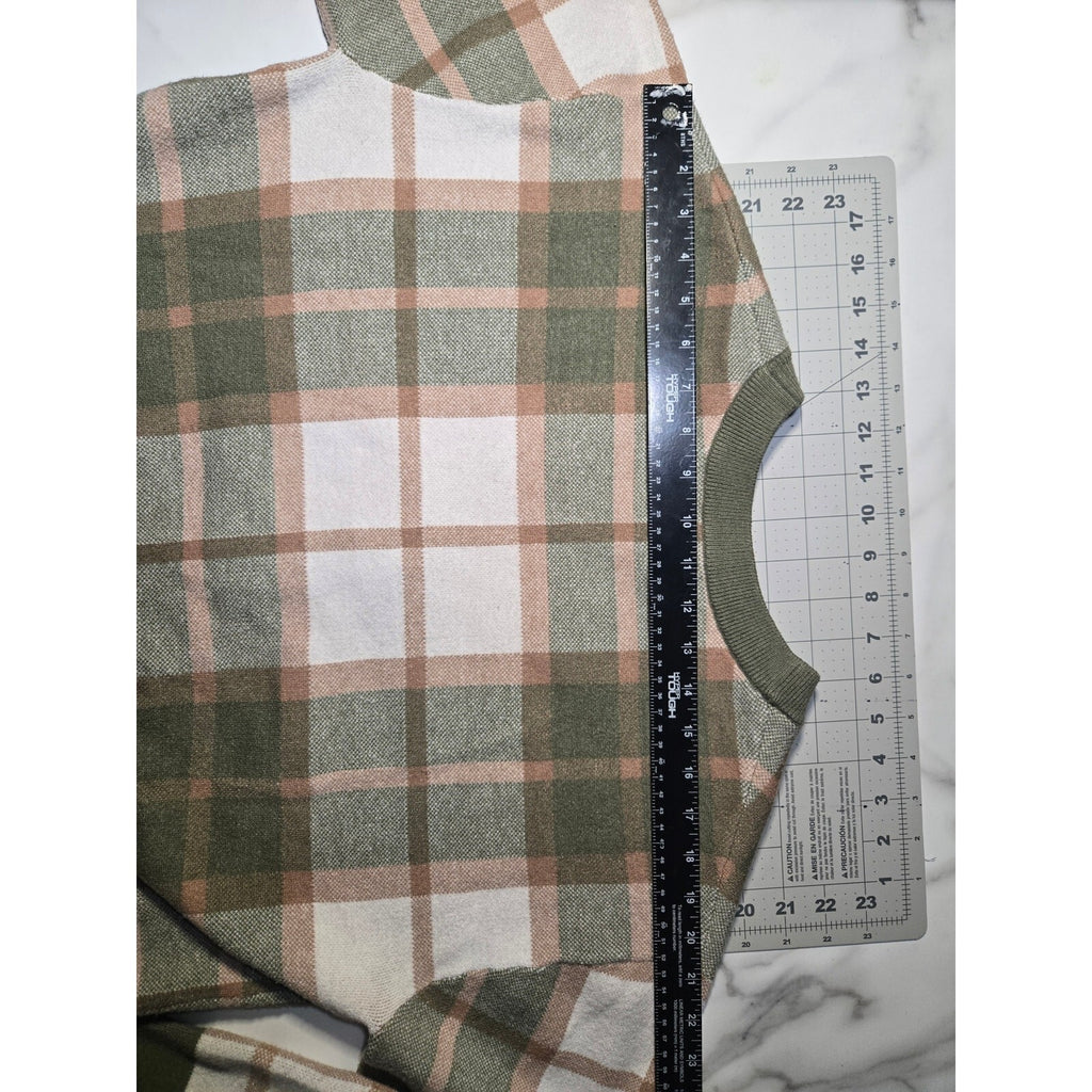 Rachel Zoe Plaid V-Neck Soft Knit Cardigan Sweater Olive Green Cream Size Medium