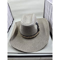 Vintage Western Straw Panama Fedora Hat Gray Woven Center Dent Side Feather