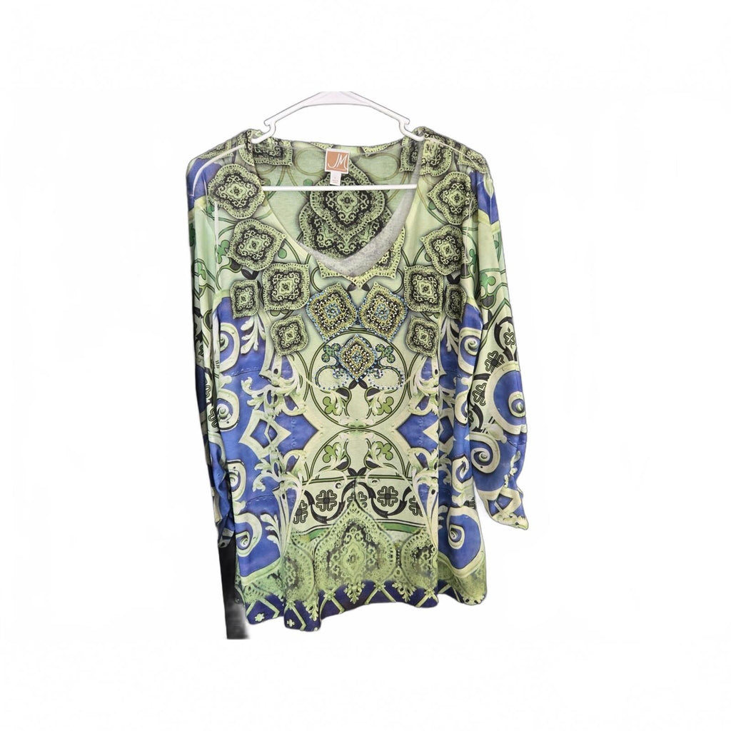 JM Collection Women's Large Paisley Print Knit Top with 3/4 Sleeves in Green