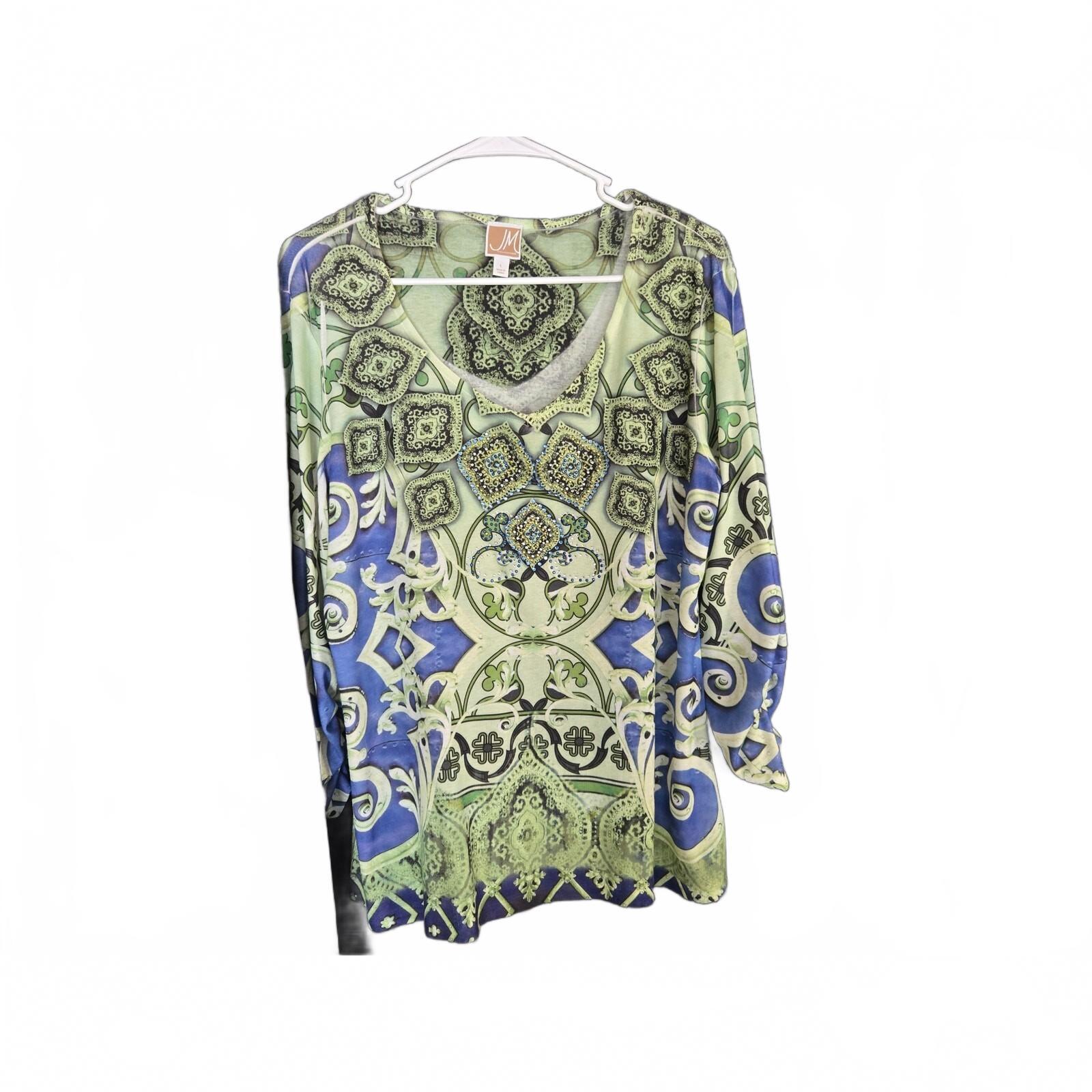 JM Collection Women's Large Paisley Print Knit Top with 3/4 Sleeves in Green