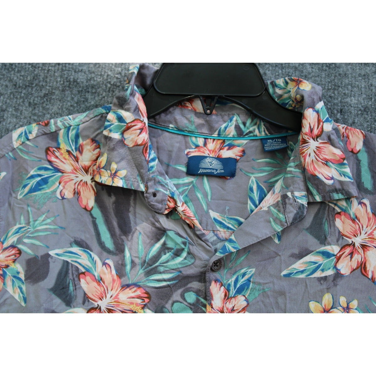 Men's Grey Tropical Hibiscus Floral Print Short Sleeve Hawaiian Button-Up  xl