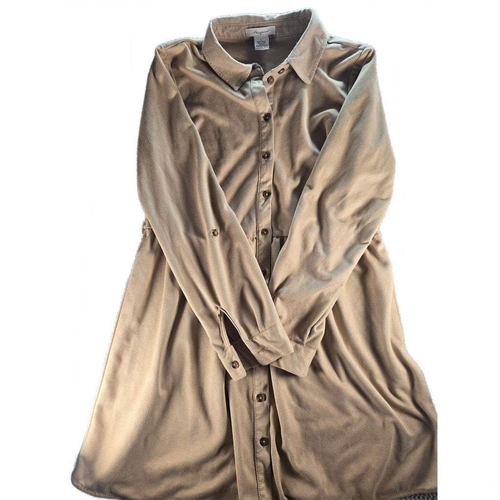 Passport Tan Faux Suede Shirt Dress, Size Medium, Very Good Condition