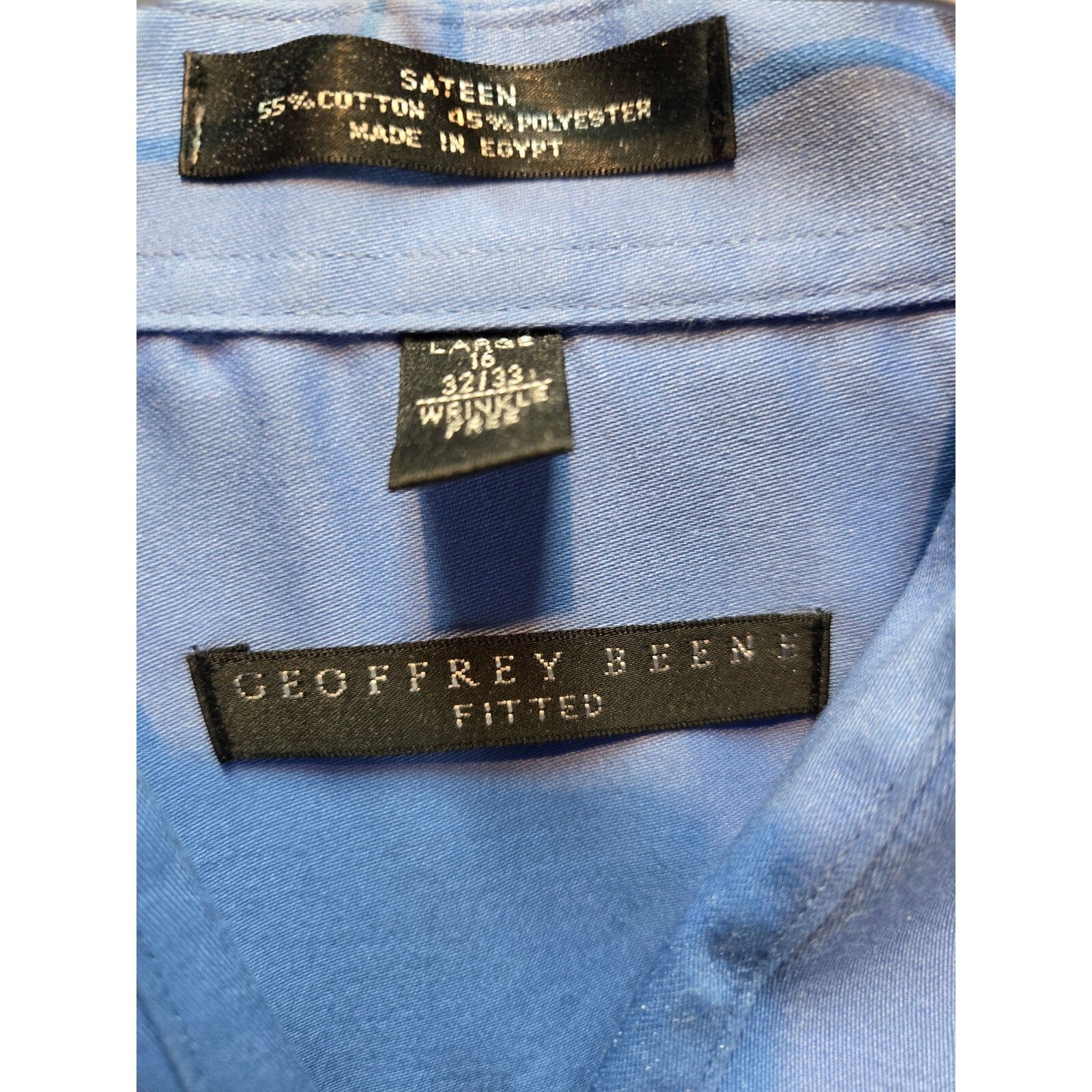 Geoffrey Beene Men's Dress Shirt Large 16 32/33 Blue Sateen Wrinkle Free LARGE
