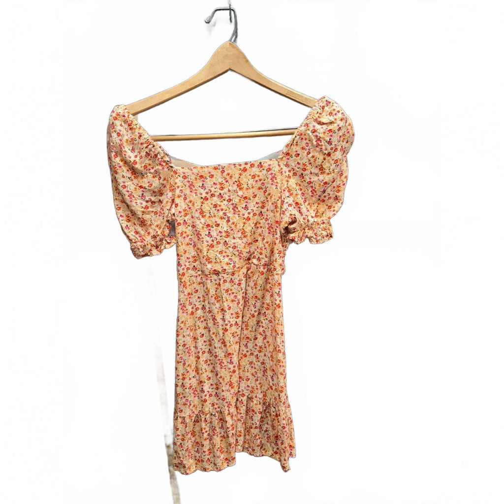 No Boundaries Floral Puff Sleeve Mini Dress Square Neck Ruffle Hem Size 1