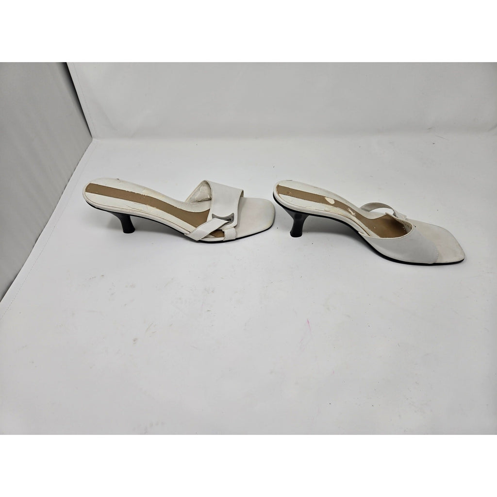 Vintage White Leather Open Toe Slide Sandals Kitten Heels Silver Buckle  9m
