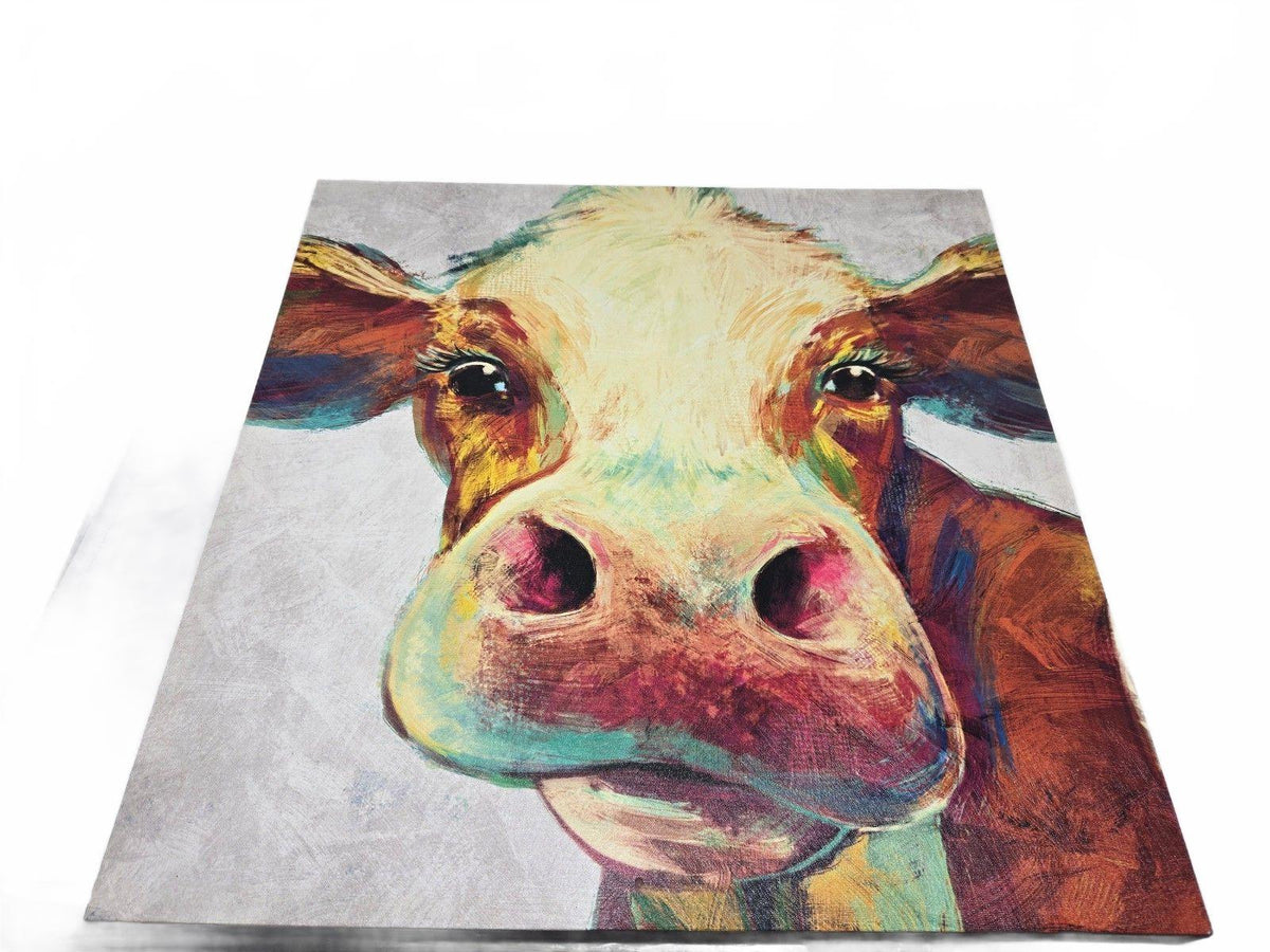 Colorful Cow Canvas Wall Art Stretched on Wooden Frame 20x20 Inches Farmhouse
