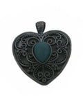 Vintage Silver Filigree Heart Pendant, Teal Turquoise Cabochon Boho Statement