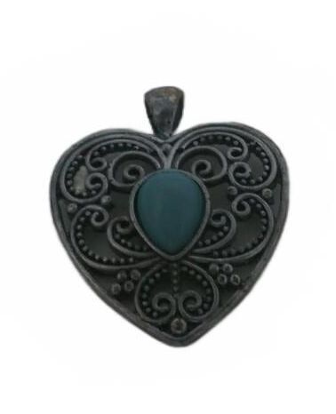 Vintage Silver Filigree Heart Pendant, Teal Turquoise Cabochon Boho Statement