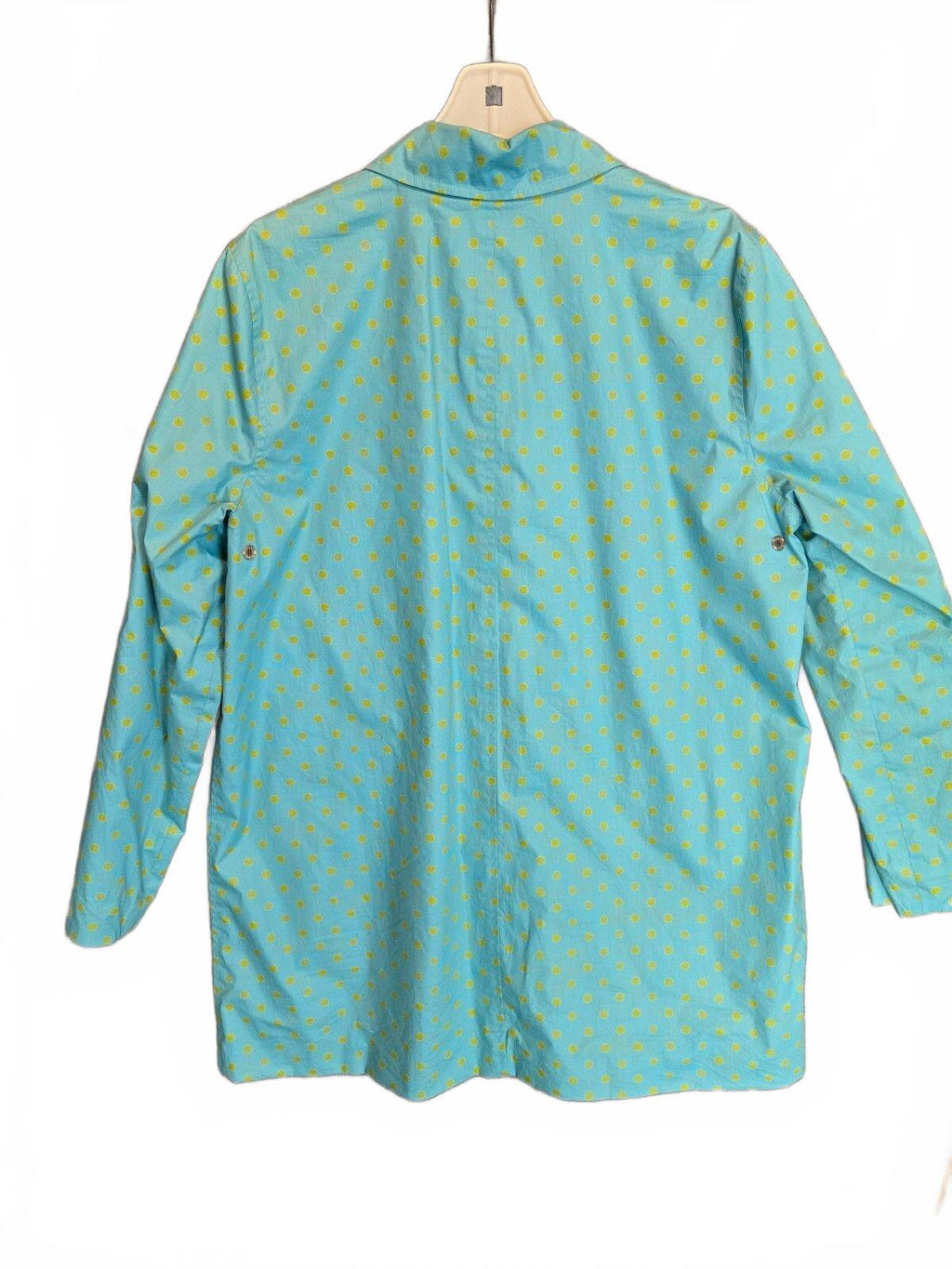Jones New York Signature Polka Dot Raincoat Aqua Blue Yellow Snap Front Jacket L
