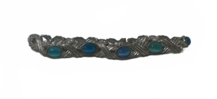 Vintage Silver Tone X Link Bracelet, Blue Green Glass Cabochon Cross Accent