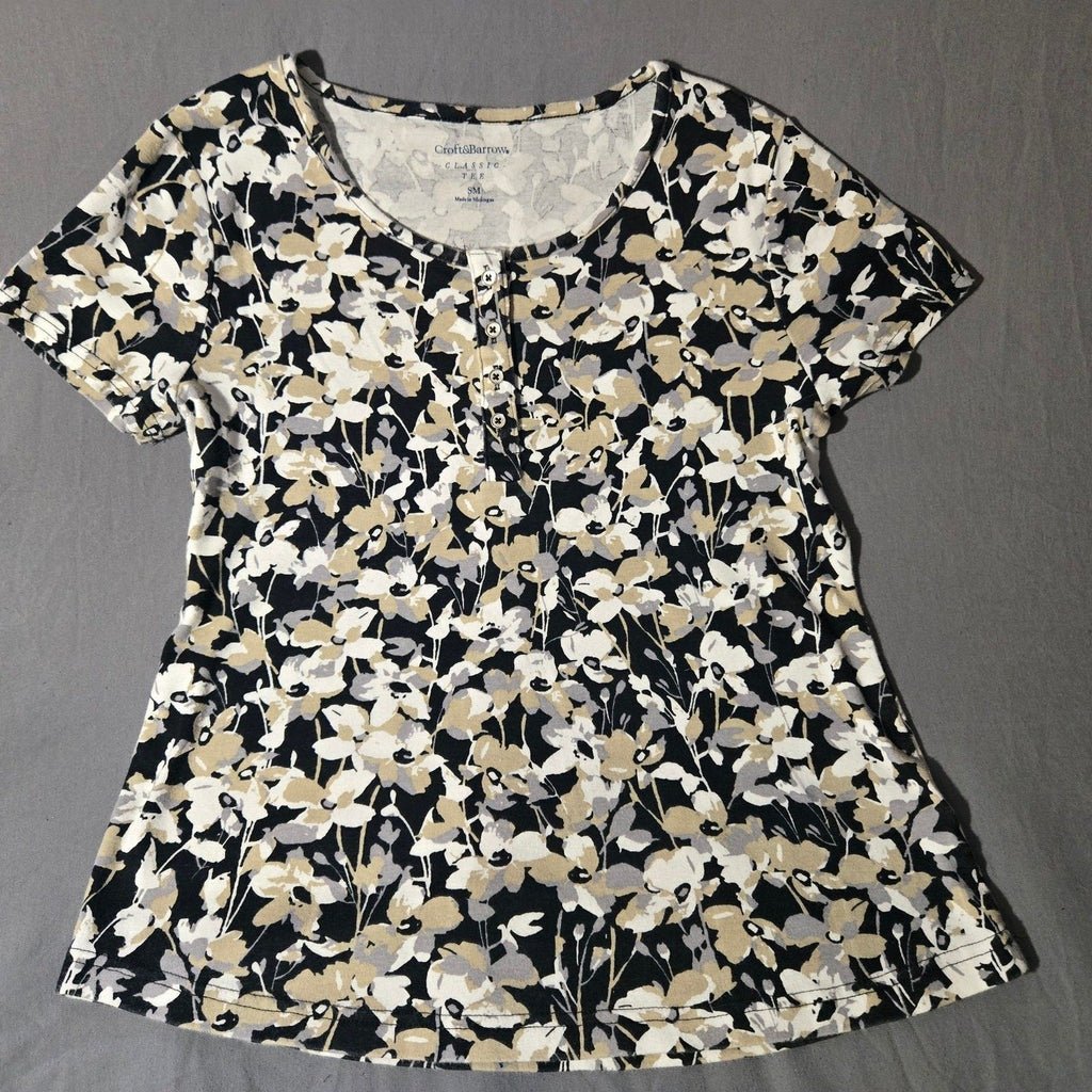 Croft & Barrow Classic Women's Floral Print Black Tee, Size Small, Very Good
