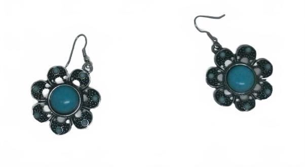 Vintage Silver Flower Drop Earrings, Teal Turquoise Cabochon Boho Floral Dangle