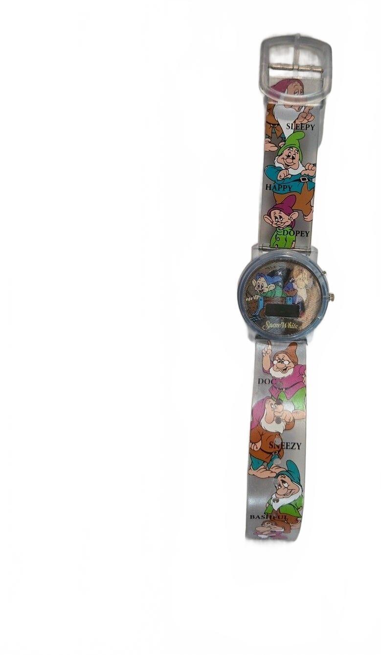Vintage Disney Snow White and Seven Dwarfs Clear Plastic Kids Digital Watch