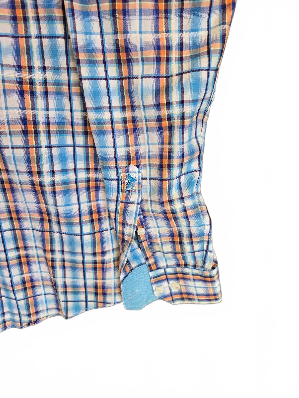 Bugatchi Uomo Mens Long Sleeve Plaid Sport Shirt Blue Orange White Flip Cuff Lrg