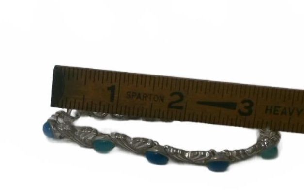 Vintage Silver Tone X Link Bracelet, Blue Green Glass Cabochon Cross Accent